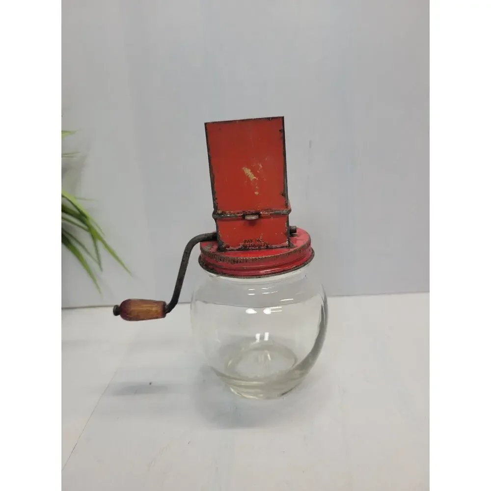 Vintage Hazel Atlas Androck Nut Chopper Grinder Red Floral Glass Kitchen Jar